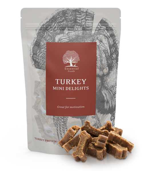 Se Essential ESSENTIAL Turkey mini delights - små bløde kornfri kalkungodbidder 100g hos Os Med Kæledyr