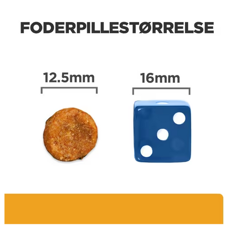 Et billede af en terning og et stykke brød med Hills Prescription Diet c/d Multicare Urinary Care tørfoder til hunde med kylling.