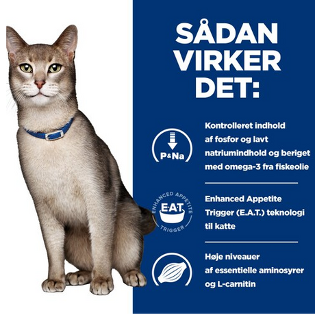 En kat iført halsbånd med ordene sadan vikker det ses. Halsbåndet indikerer, at katten har nyreproblemer og ville have gavn af Hills Prescription Diet k/d Kidney Care vådfoder til katte med kylling 24x156g dåse.