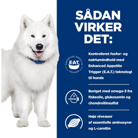 Et billede af en hund med Hills Prescription Diet k/d + Mobility tørfoder til hunde med kylling.