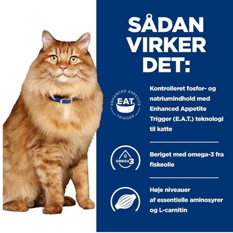 Sadan vikker det Hills Prescription Diet kattefoder, specielt formuleret til katte med kylling og Hill's PRESCRIPTION DIET k/d + j/d Mobilitet tørfoder til katte med kylling for at understøtte mobilitet.