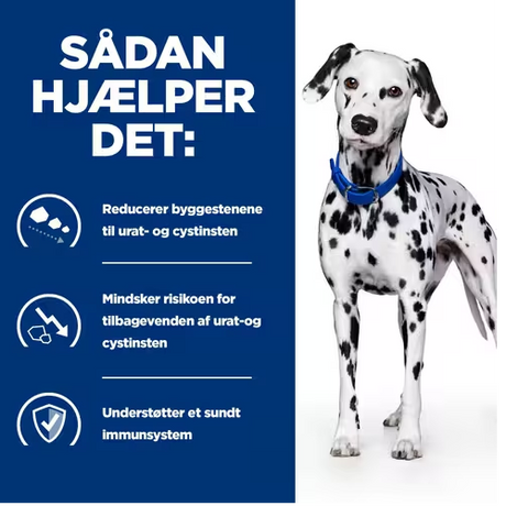 En dalmatisk hund med ordene Hill's PRESCRIPTION DIET u/d vådfoder til hunde 370g dåse og Hills Prescription Diet.