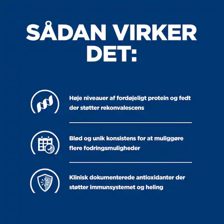 En plakat med ordene "Hill's Prescription Diet a/d Restorative Care vådfoder 156g - dåsemad til hunde og katte i svækket tilstand" for at fremme specialiseret vådt foder til kæledyr fra Hills Prescription Diet.