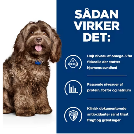 Hill's Prescription Diet b/d Brain Aging Care er et specialdesignet hundefoder til ældre hunde, der er formuleret til hjernesundhed.