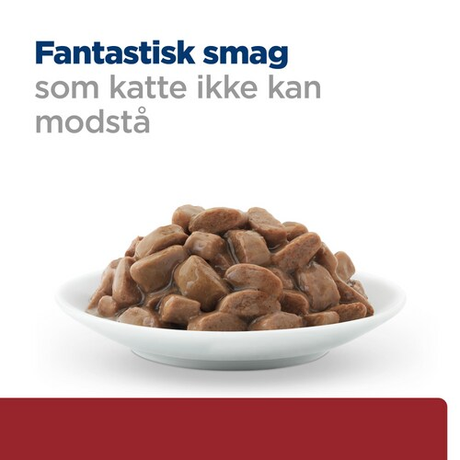 En skål med Hill's Prescription Diet i/d Digestive Care kattefoder med ordene 'fantastik smag' skrevet på.