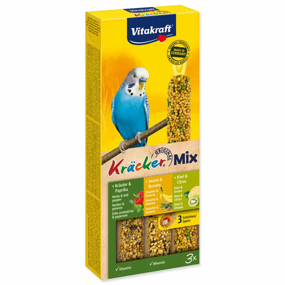 Kräcker® 3-PAK lækre frøstænger til undulater - urte, banan & kiwi