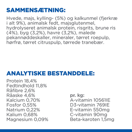 Et ernæringsmærke, der viser ingredienserne i Hills Science Plan Perfect Digestion Large Breed Adult, et hundefoder formuleret med kylling og brune ris for optimal fordøjelse og mave-tarm sundhed.