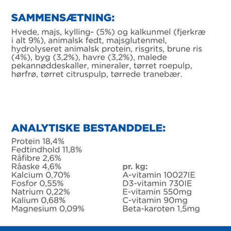 Bagsiden af et ernæringsmærke til et Hills Science Plan hundefoder produkt specielt designet til optimal indtagelse af kylling-protein og sund fordøjelse, 6 kg Hills Adult Perfect Digestion Small & Mini med kylling og brune ris.